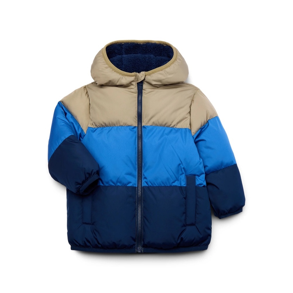 Swiss Tech Toddler Heavyweight Puffer Jacket, Size 3T Grey and 2 shades of Blue